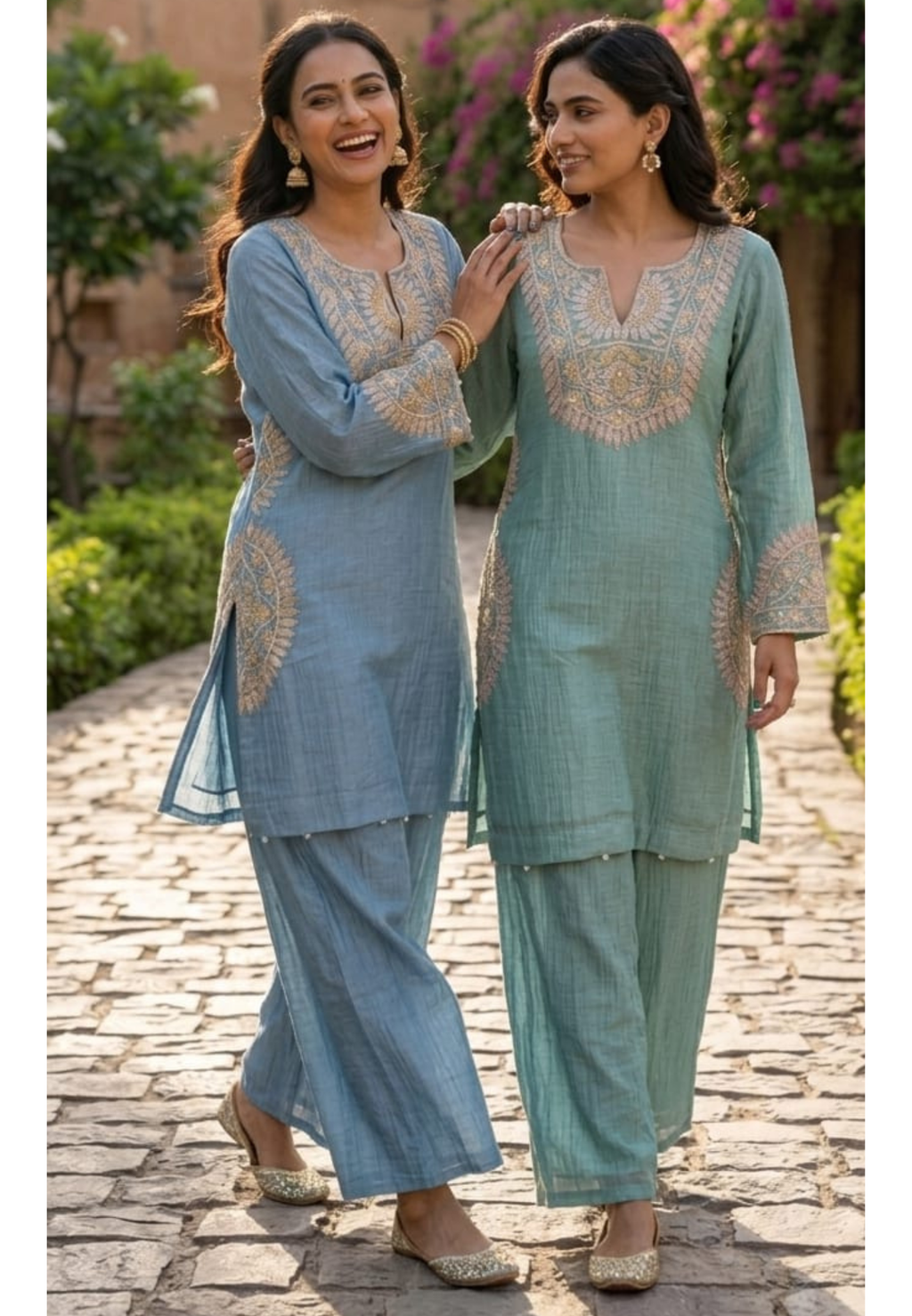 Mul Chanderi Handcrafted Ethnic Kurta Pant Set with Side Medallion Embroidery- 14790
