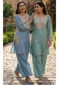 Mul Chanderi Handcrafted Ethnic Kurta Pant Set with Side Medallion Embroidery- 14790