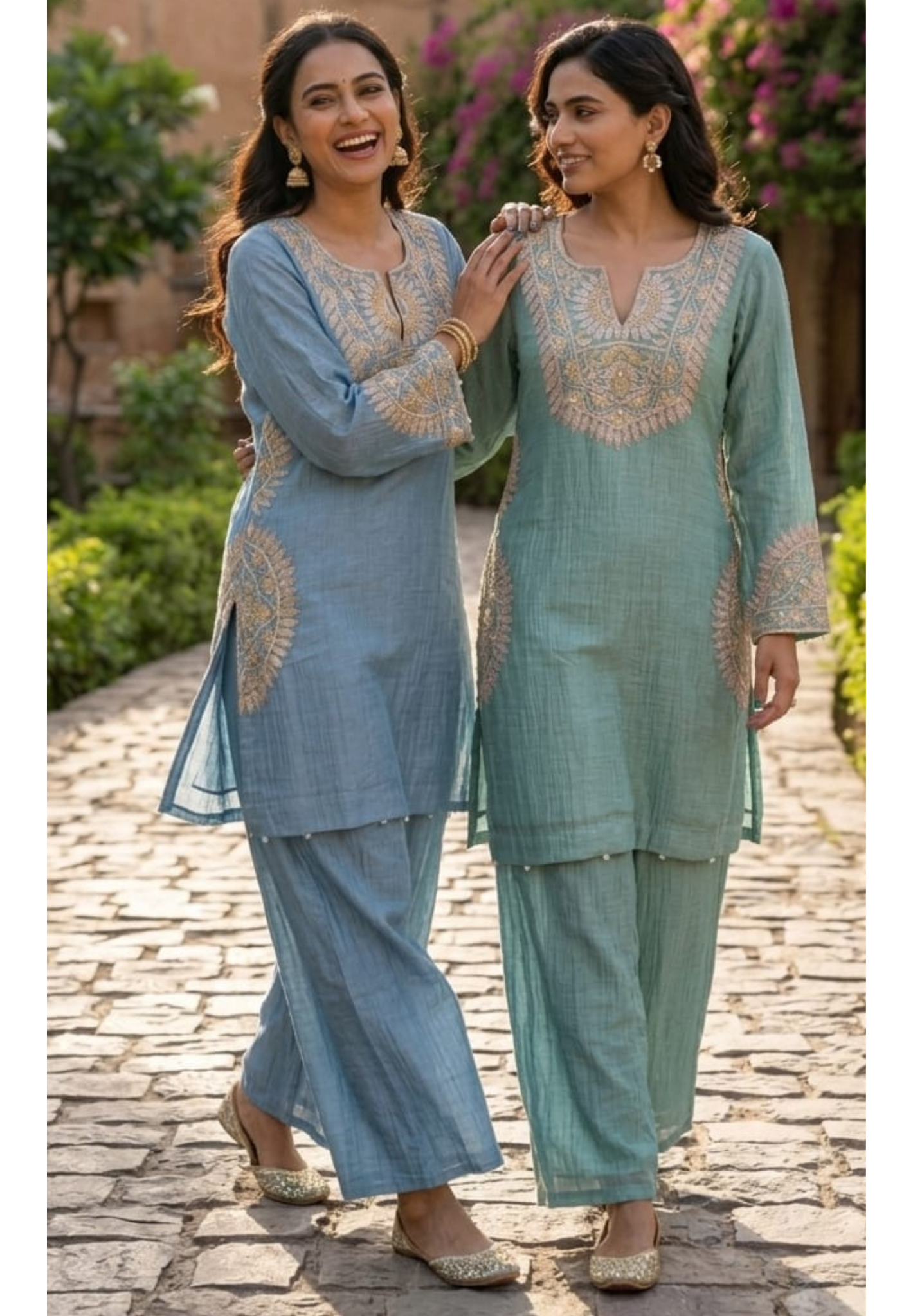 Mul Chanderi Handcrafted Ethnic Kurta Pant Set with Side Medallion Embroidery- 14790