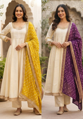 Very Decent Solid Panel Anarkali Full Suit Set With Bold Tone Dupatta- 15568