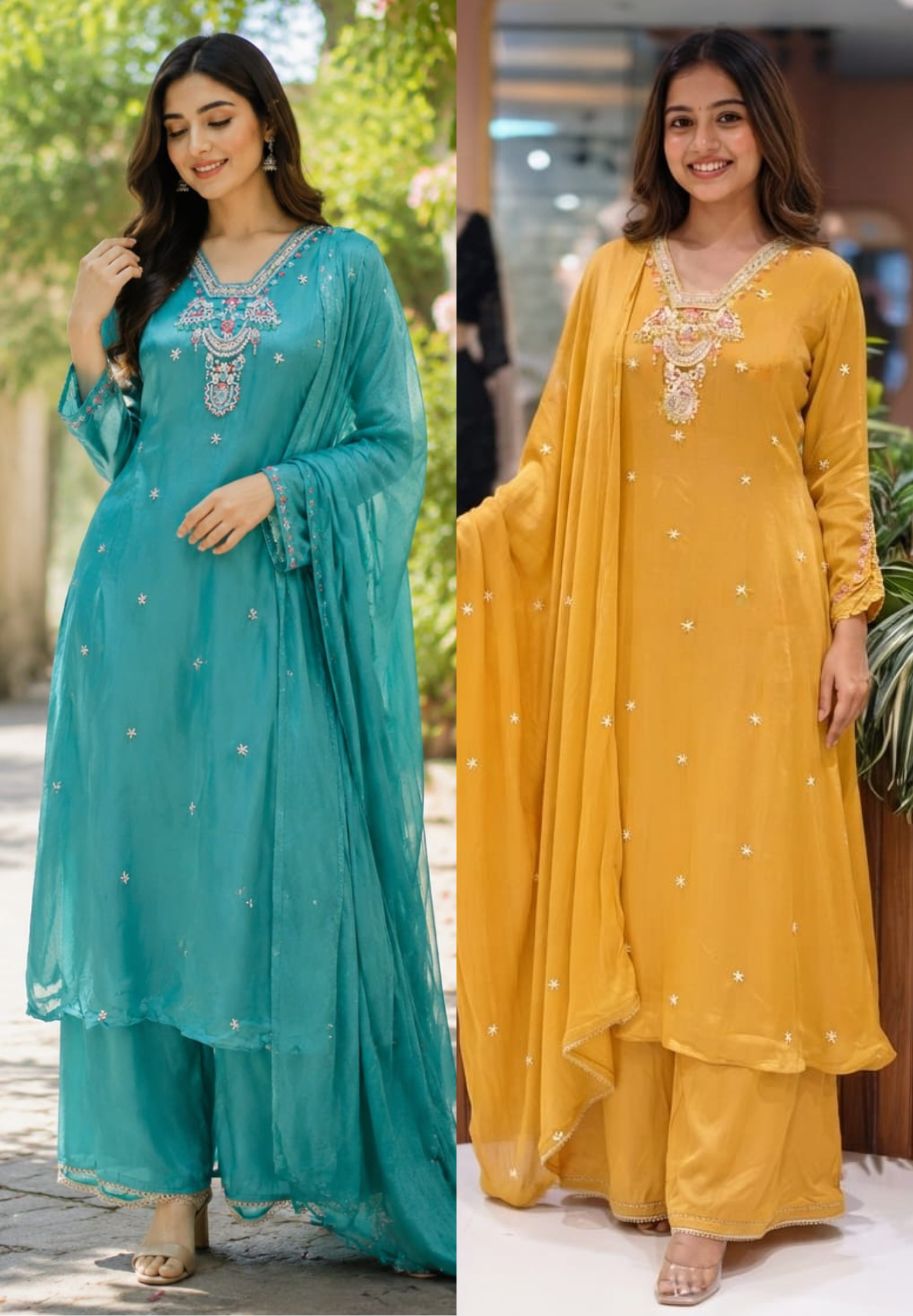 Turquoise Mustard Floral Hand-Embroidered Chinon Anarkali Full Suit Set With Dupatta- 15614