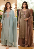 Premium Tiny Cut-Dana Embroidery Highlights Chinon A-Line Full Suit Set With Dupatta- 15615