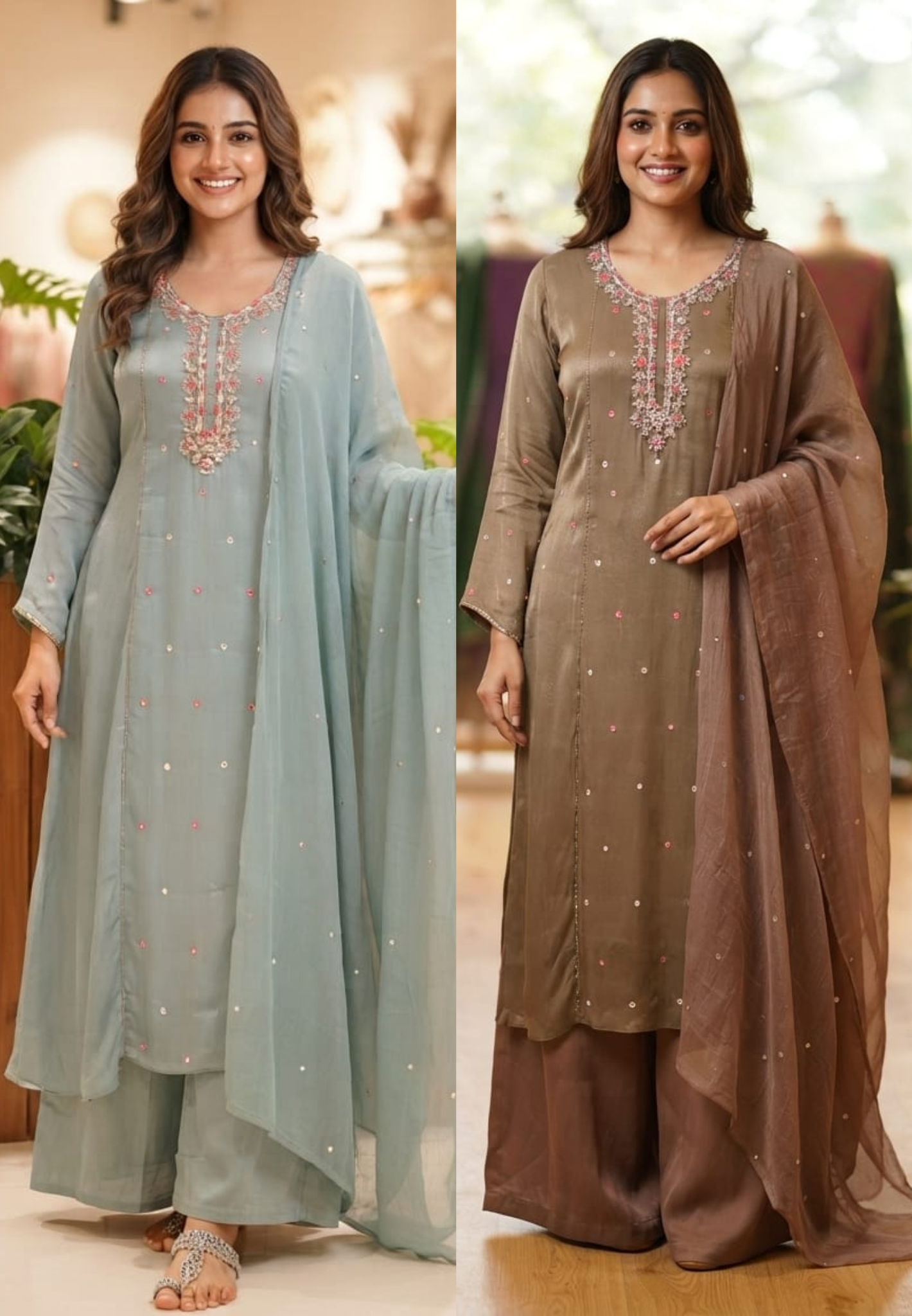 Premium Tiny Cut-Dana Embroidery Highlights Chinon A-Line Full Suit Set With Dupatta- 15615