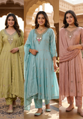 Elegant Anakarli Surat Mulchanderi A-Line Kurta Set with Mirror Embellished Neckline, Straight Pants & Banarasi Striped Dupatta-13884 W37