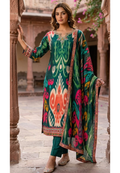 Ornate Crystal & Bead Work Midnight Emerald Royal Ikat Print Full Suit Set with Dupatta-LEAN FIT(ADVISIBLE NEXT SIZE)