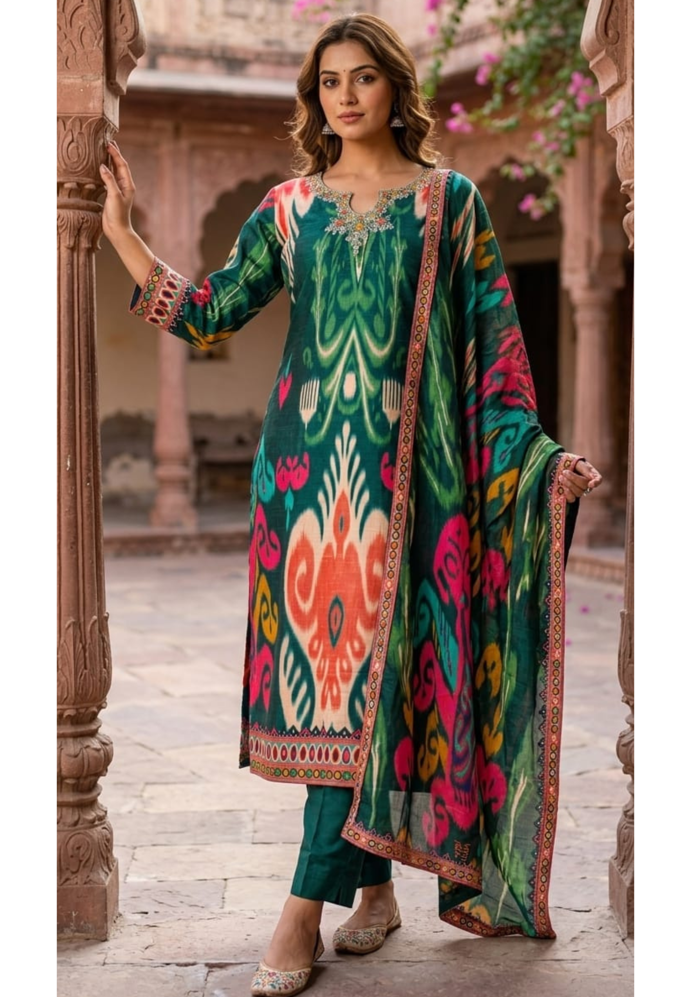 Ornate Crystal & Bead Work Midnight Emerald Royal Ikat Print Full Suit Set with Dupatta-LEAN FIT(ADVISIBLE NEXT SIZE)