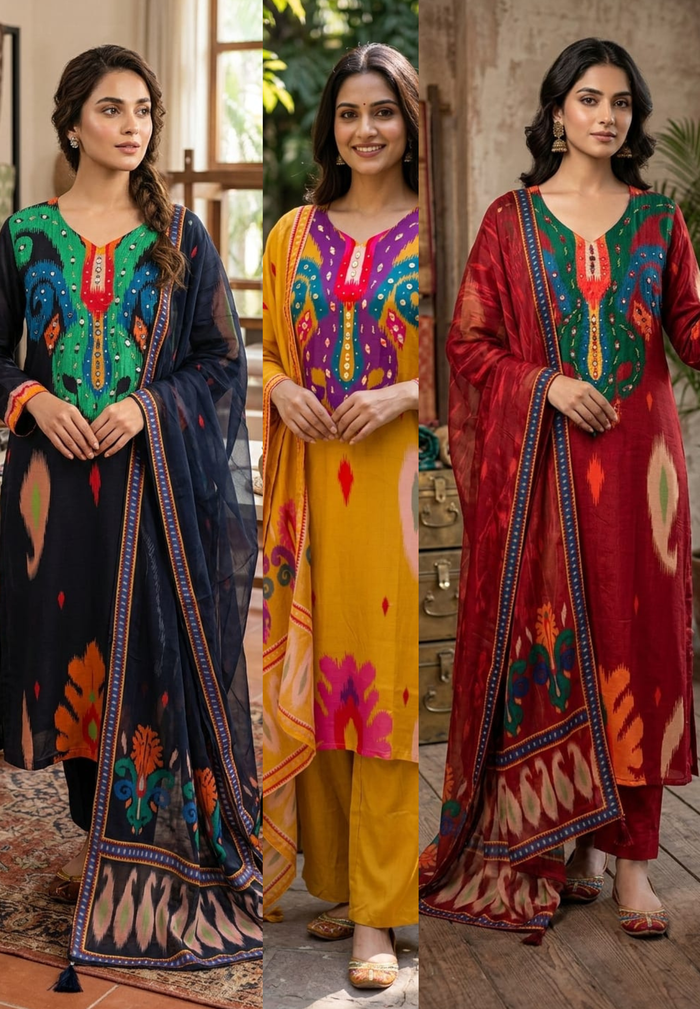Ikkat Print Vibrant Color Combination Real Mirror Elegance Crepe Full Suit Set With Organza Dupatta, Lining Inside (Slightly Lean Fit)- 13754 W66