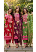 Crosia Lace Detailing Floral Printed Cotton Full Suit Set With Dupatta- 15262