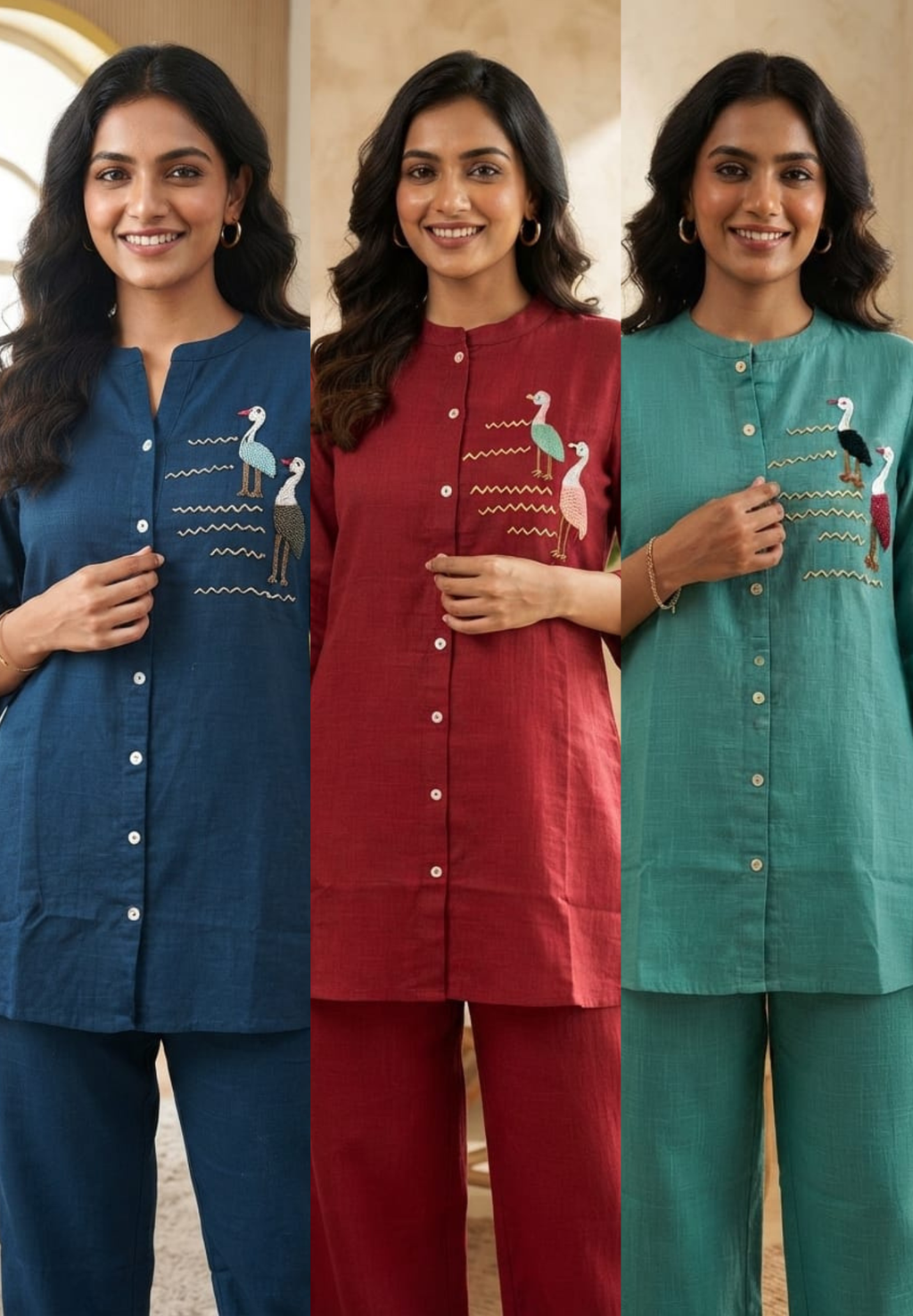 Flamingo Thread Embroidered Cute Motifs Cotton Casual Co-Ord Set- 15558
