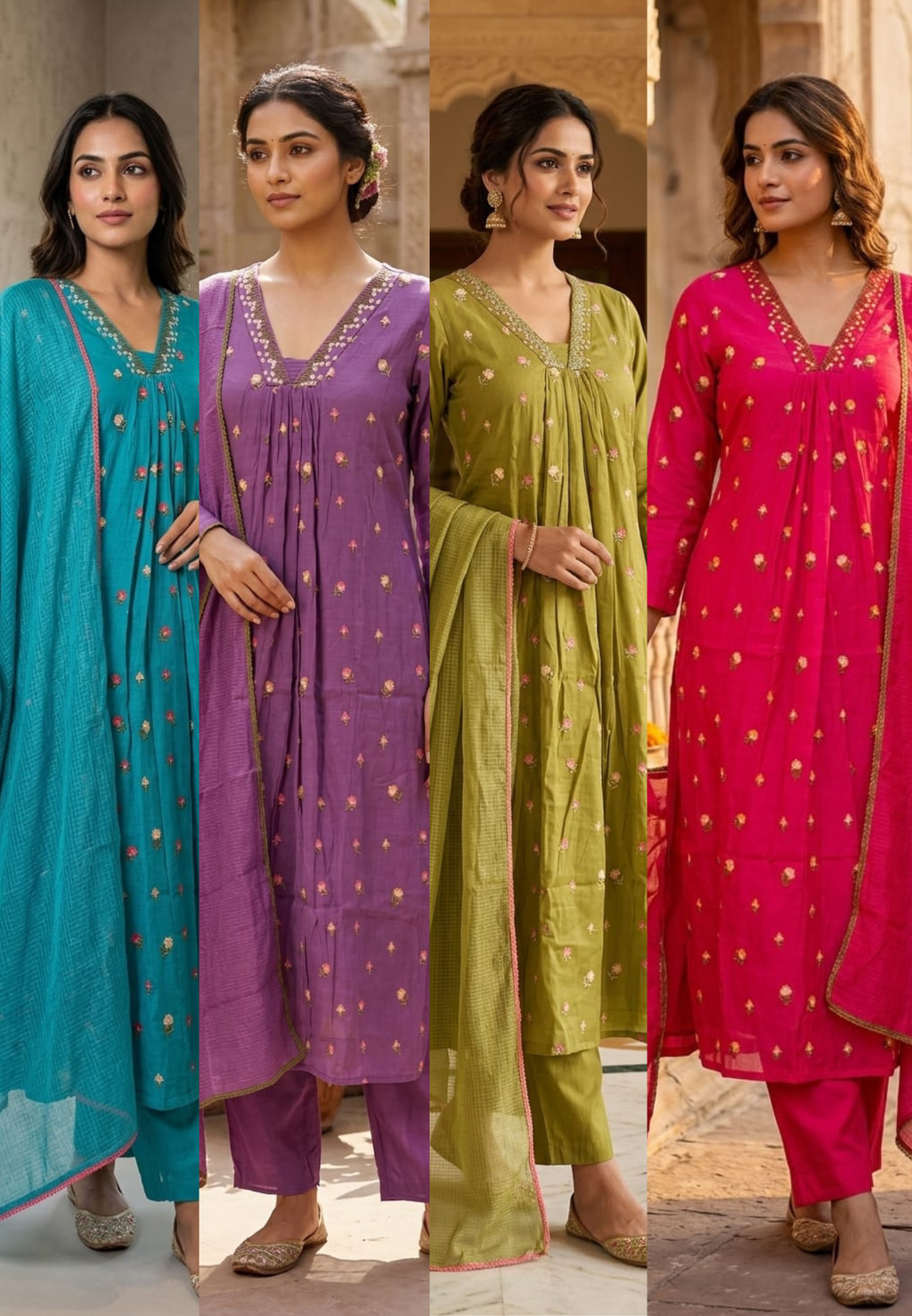 Tiny Floral Cute Embroidered Pleated A-Line Full Suit Set With Dupatta In Surat Mul Chanderi Fabric- 14010 W59