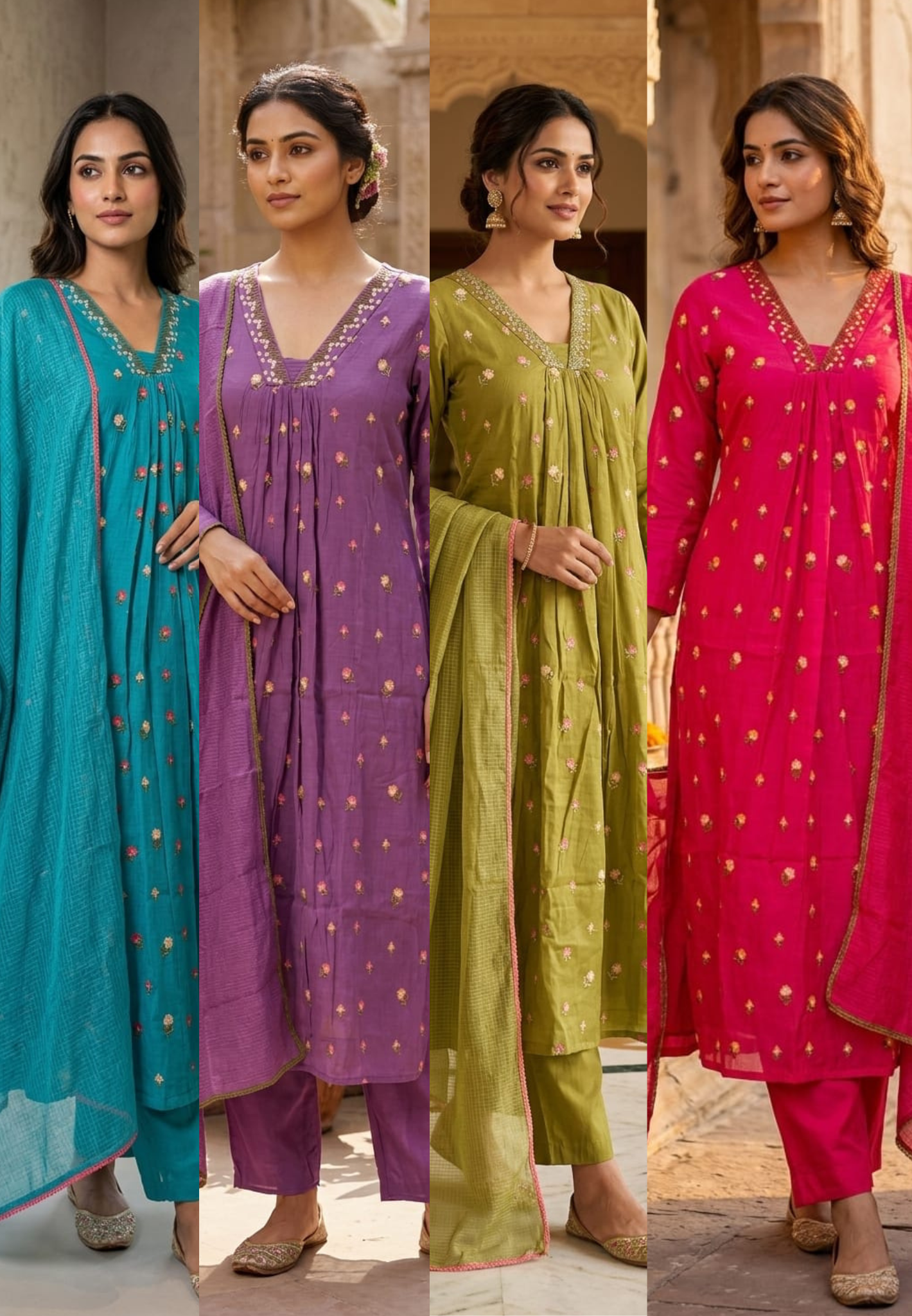 Tiny Floral Cute Embroidered Pleated A-Line Full Suit Set With Dupatta In Surat Mul Chanderi Fabric- 14010 W59