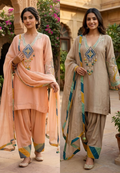 Emerald-Accented Pastel Patchwork Medallion Ivory Silk Suit Set With Hanging Beads- 14840