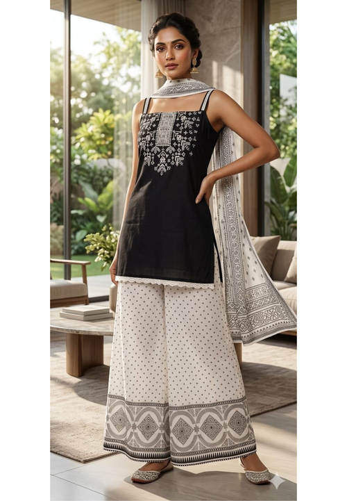 Black & White Inspired Stunning Stylish Sleeveless Full Suit Set With Dupatta & Loose Bottom- 13982 W56
