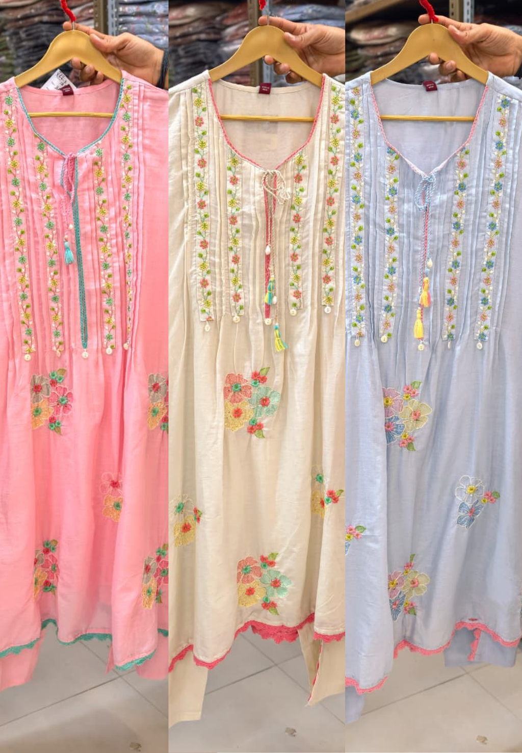 Pastel Mul Cotton A-Line Kurta Pant Set with Pastel Floral Embroidery & Tassel Detailing- 14866