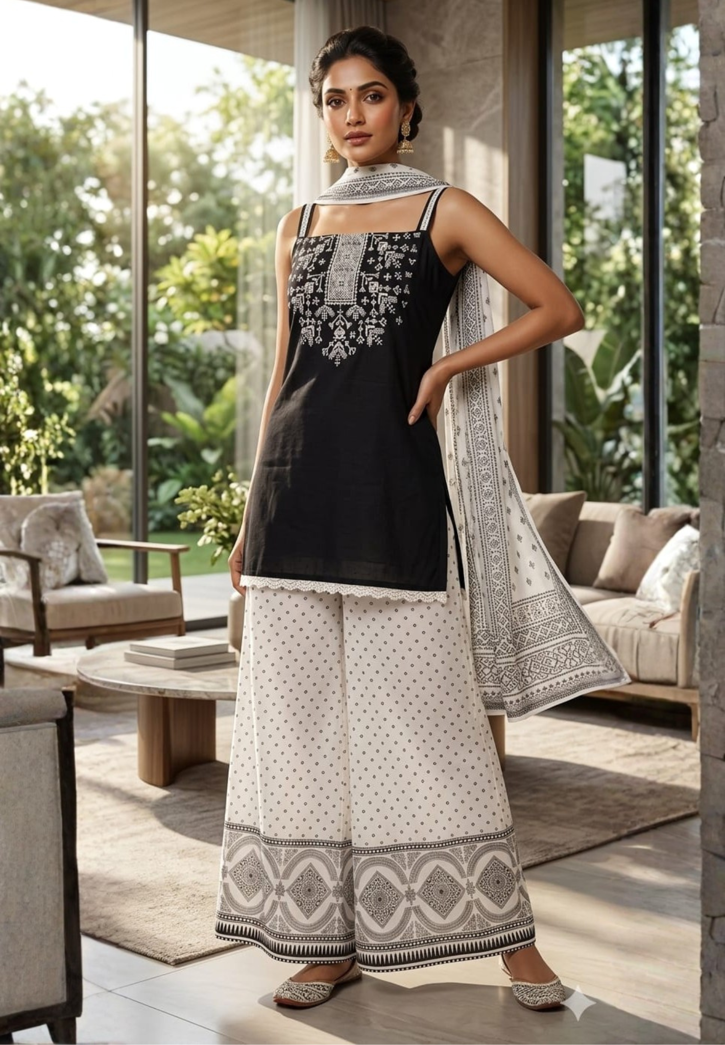 Black & White Inspired Stunning Stylish Sleeveless Full Suit Set With Dupatta & Loose Bottom- 13982 W56