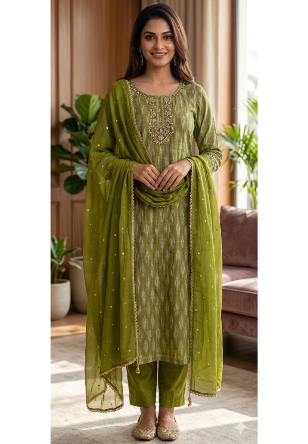 Moss Green Textured Ikat Pattern Full Suit Set with Zardosi Embroidered Neck LEAN FIT(ADVISIBLE NEXT SIZE)