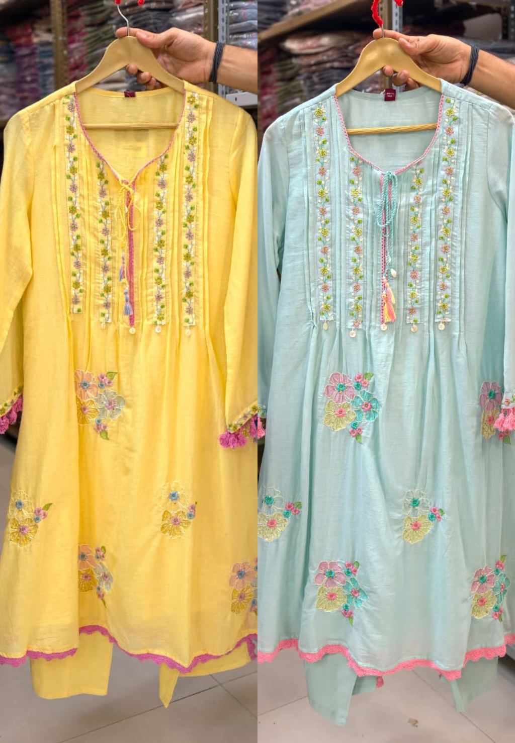 Pastel Mul Cotton A-Line Kurta Pant Set with Pastel Floral Embroidery & Tassel Detailing- 14866