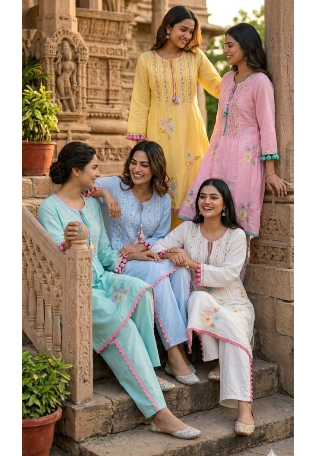 Pastel Mul Cotton A-Line Kurta Pant Set with Pastel Floral Embroidery & Tassel Detailing- 14866