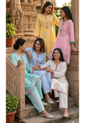Pastel Mul Cotton A-Line Kurta Pant Set with Pastel Floral Embroidery & Tassel Detailing- 14866
