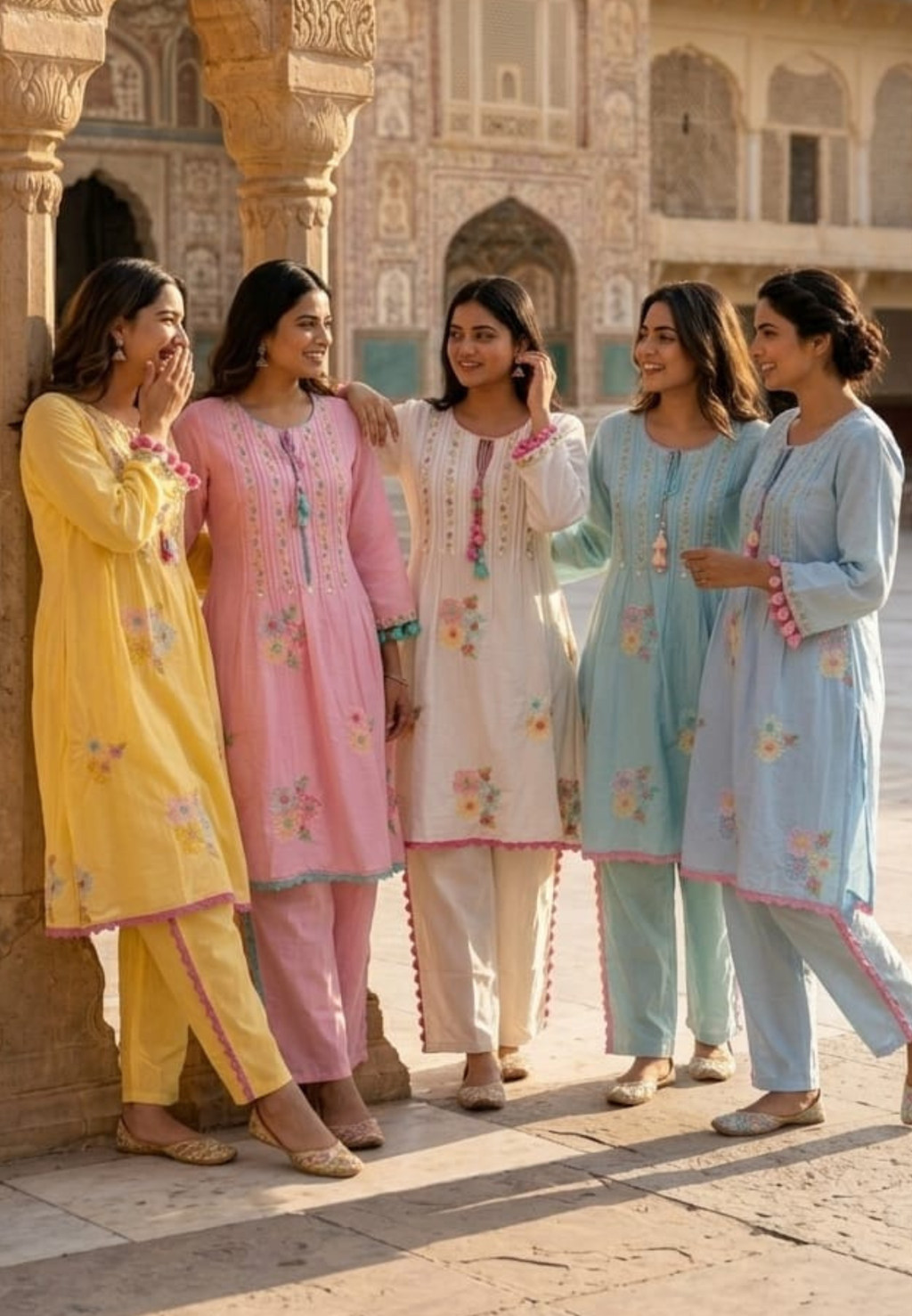 Pastel Mul Cotton A-Line Kurta Pant Set with Pastel Floral Embroidery & Tassel Detailing- 14866