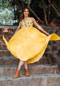 Yellow Embroidered Tiered Mul Cotton Midi Dress with Spaghetti Straps 14043 W28
