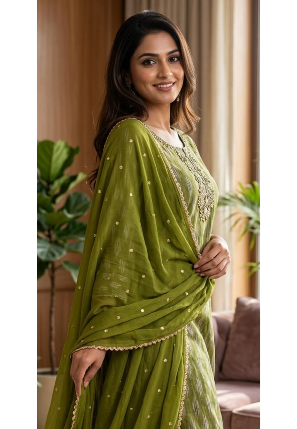 Moss Green Textured Ikat Pattern Full Suit Set with Zardosi Embroidered Neck LEAN FIT(ADVISIBLE NEXT SIZE)