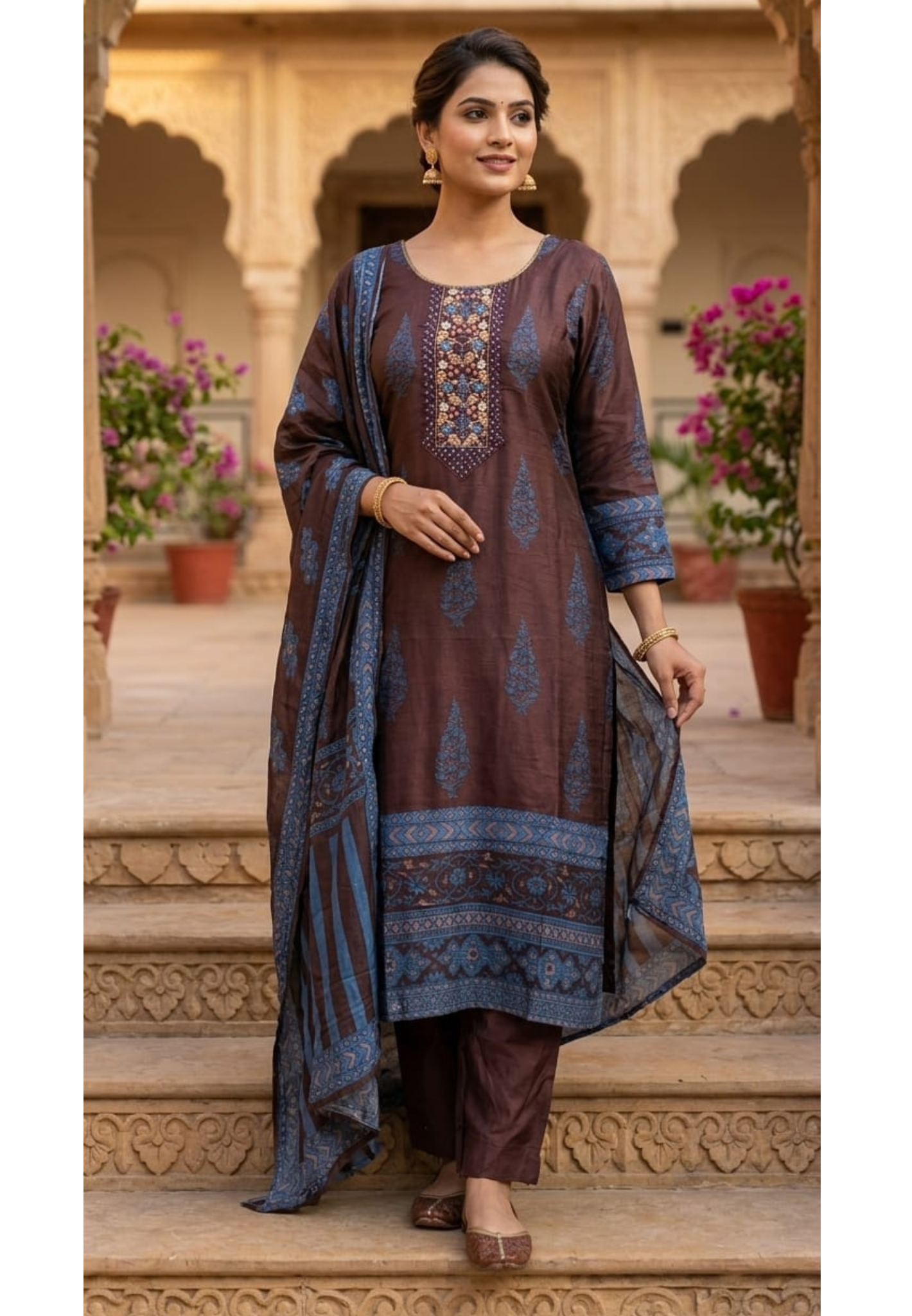 Chocolate Brown Paisley Motif Russian Silk Full Suit Set With Dupatta Heavily Embroidered LEAN FIT(ADVISIBLE NEXT SIZE)