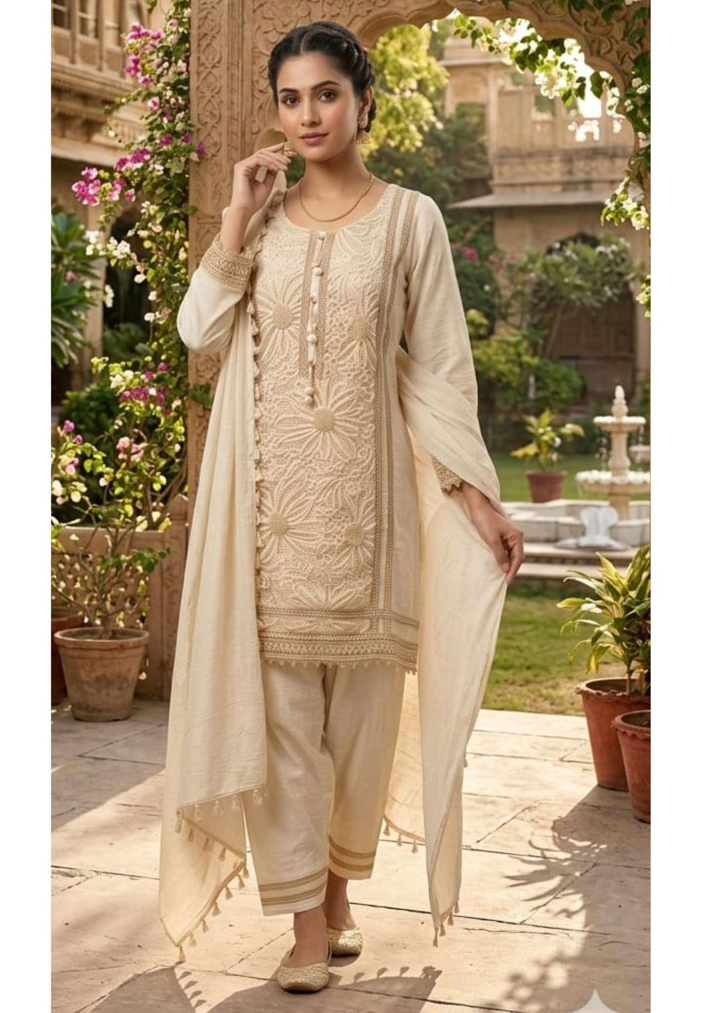 Ivory Floral Cutwork Embroidered 3-Piece Full Suit Set with Seashell Accents -14898