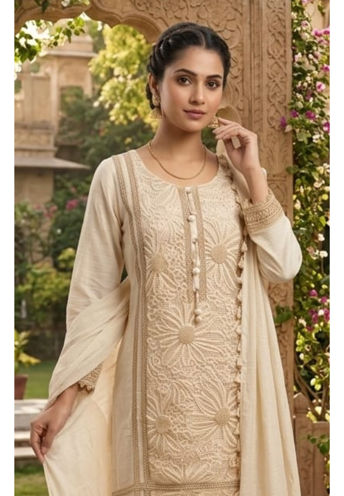Ivory Floral Cutwork Embroidered 3-Piece Full Suit Set with Seashell Accents -14898