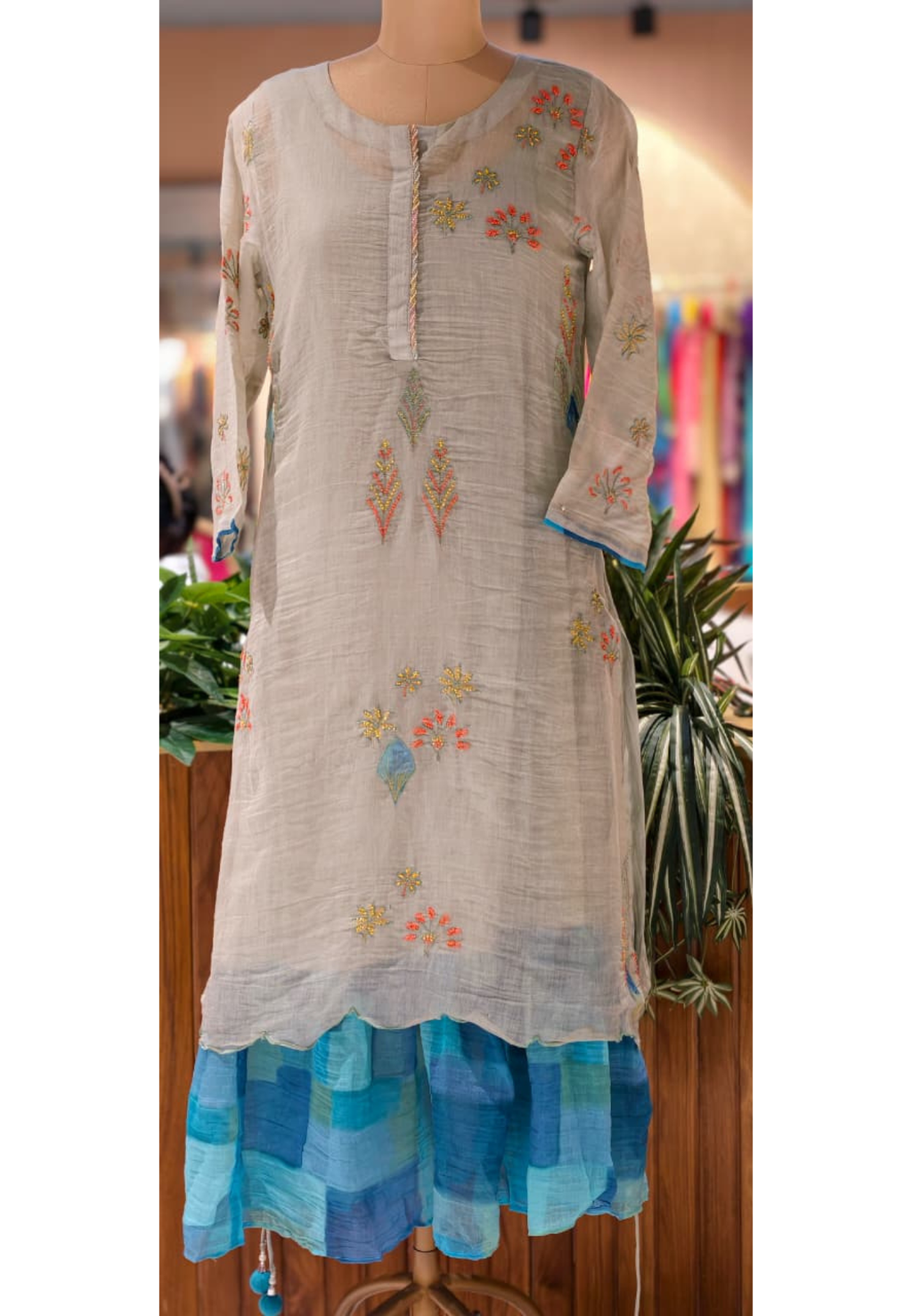 Maized Floral Fine Embroidery Ash Toned Double Layered Gown In Pure Mul Chanderi Fabric(Slightly Lean Fit)- 13772 W91