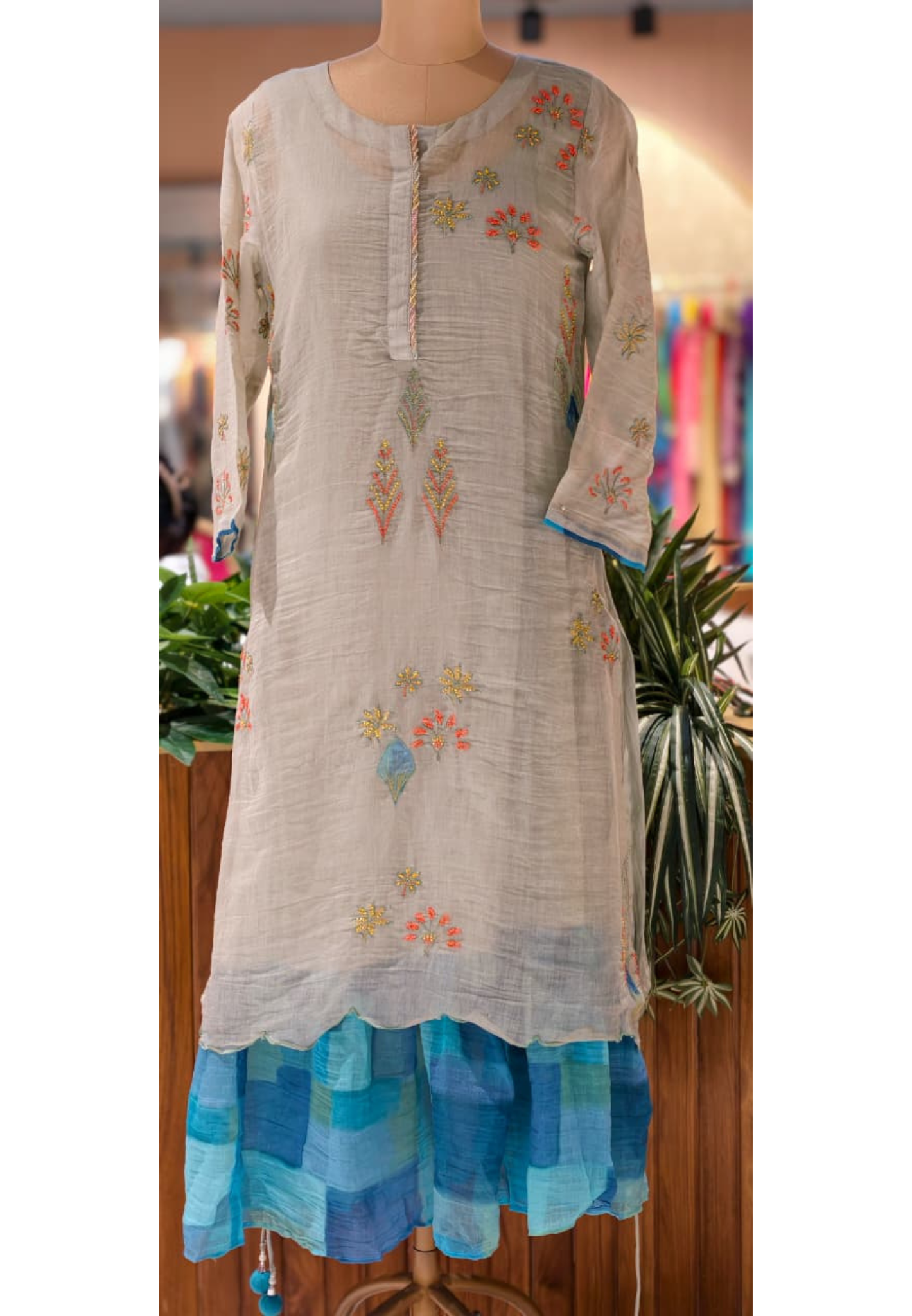 Maized Floral Fine Embroidery Ash Toned Double Layered Gown In Pure Mul Chanderi Fabric(Slightly Lean Fit)- 13772 W91