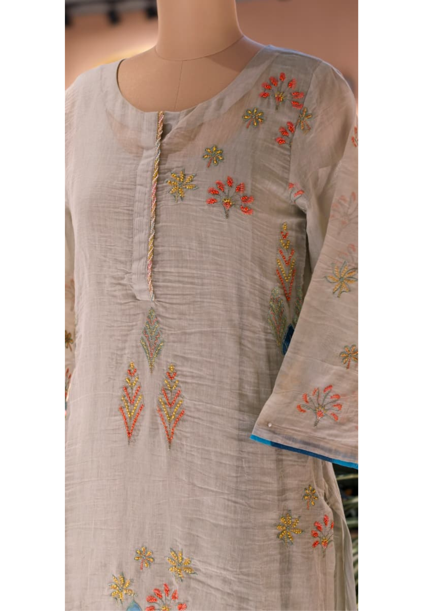 Maized Floral Fine Embroidery Ash Toned Double Layered Gown In Pure Mul Chanderi Fabric(Slightly Lean Fit)- 13772 W91