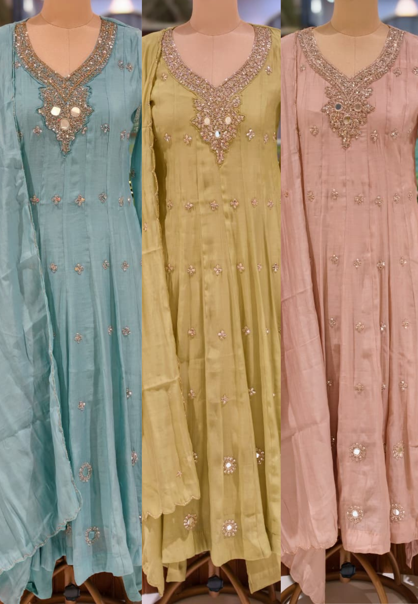 Elegant Anakarli Surat Mulchanderi A-Line Kurta Set with Mirror Embellished Neckline, Straight Pants & Banarasi Striped Dupatta-13884 W37