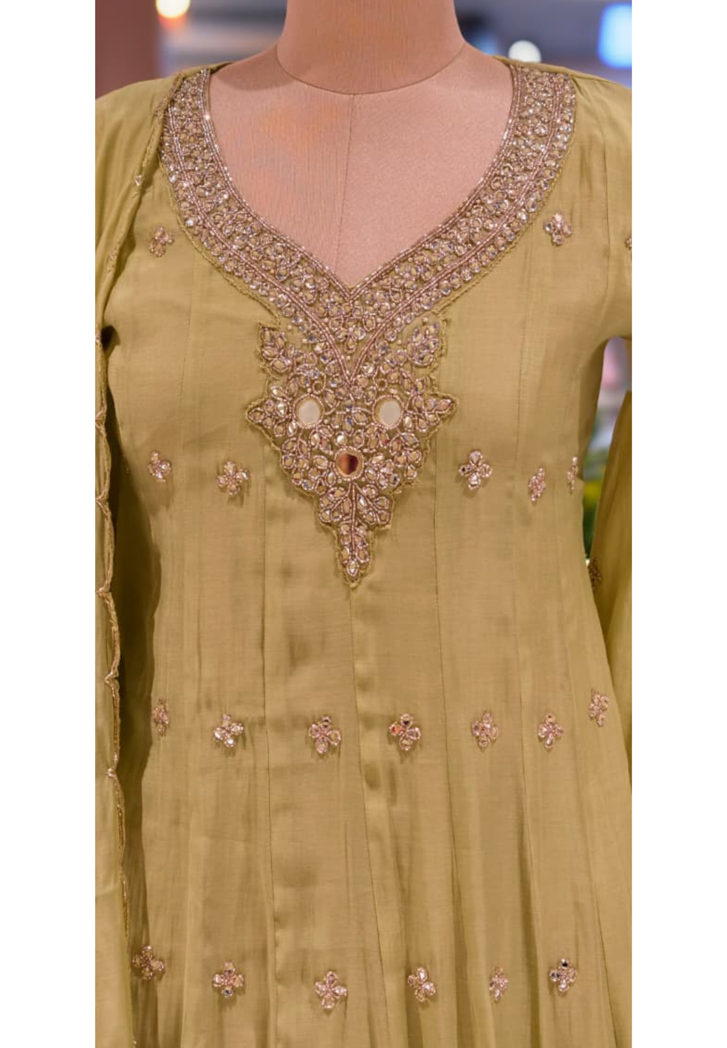 Elegant Anakarli Surat Mulchanderi A-Line Kurta Set with Mirror Embellished Neckline, Straight Pants & Banarasi Striped Dupatta-13884 W37