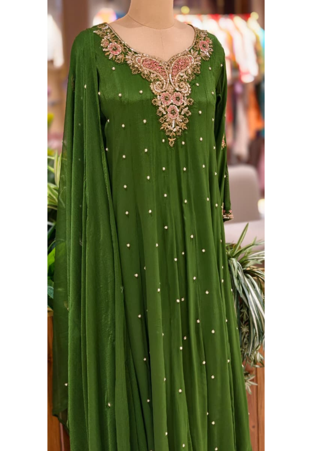 Elegant Chinon Anarkali Suit Set with Heavy Handwork Embroidered Neckline Full Suit 14018 W44