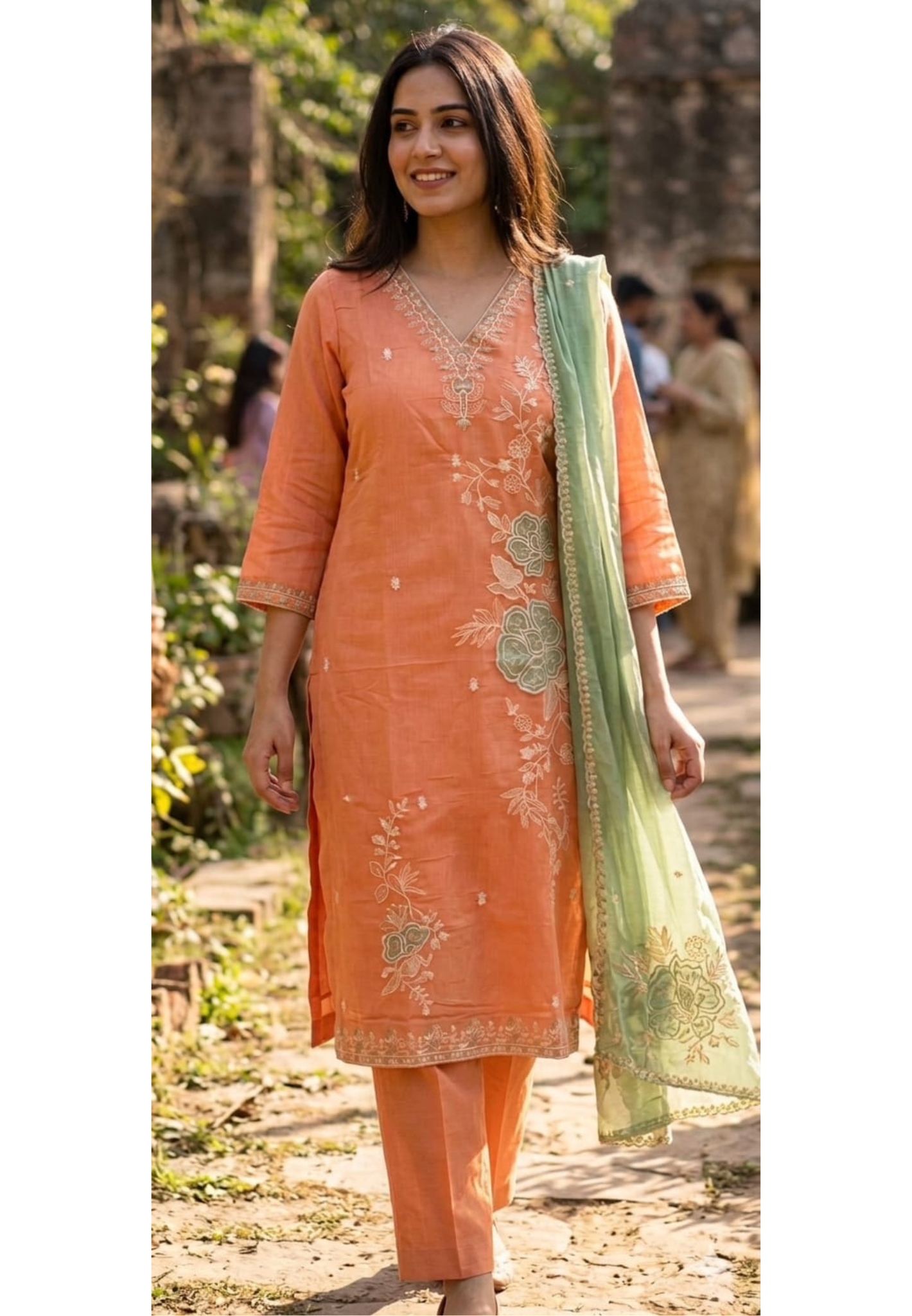 Graceful Peach Floral Embroidery Detailing Surat Mul Chanderi Full Suit Set With Dupatta- 14041 W63
