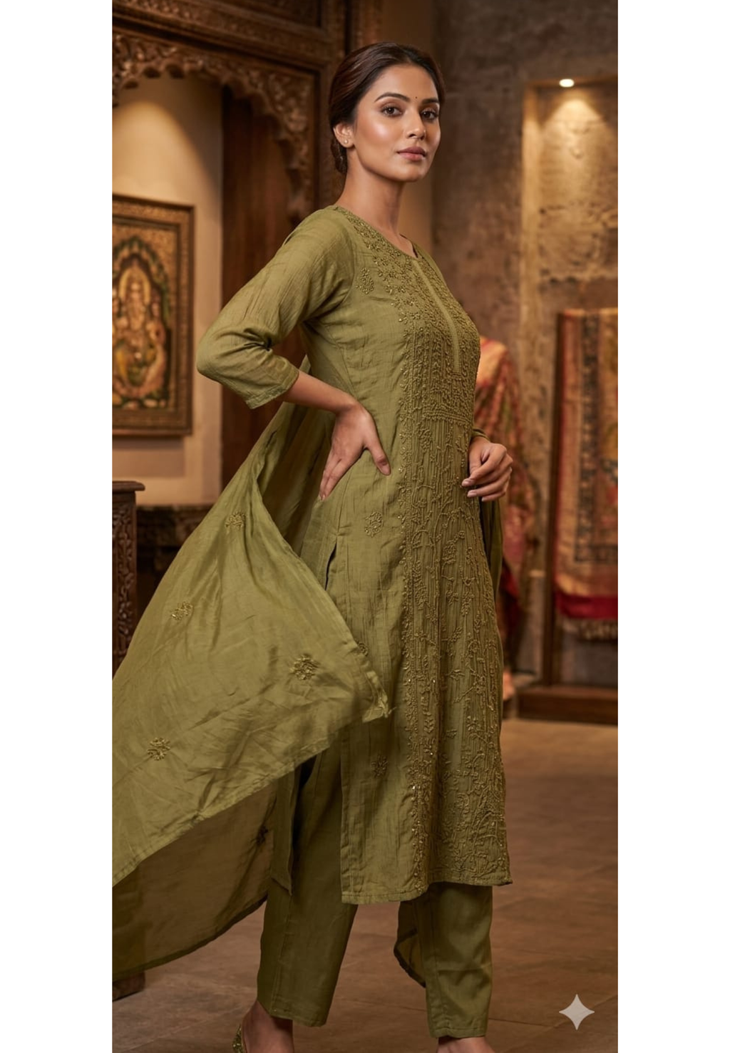 Premium Crush Mul Chanderi Fabric Straight Cut Full Suit Set with Thread Embroidery 14084 W60