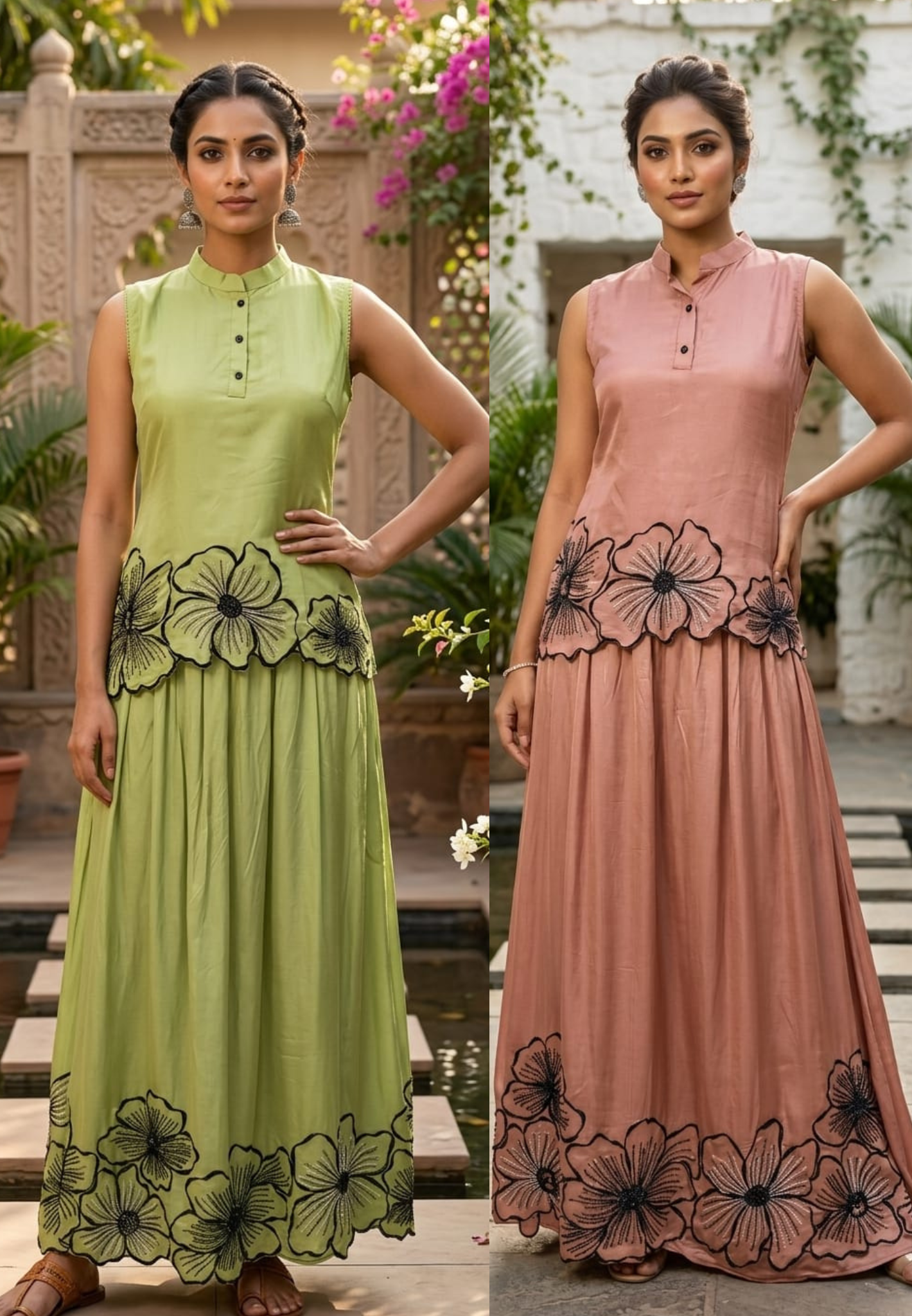 3D Floral Patch Cut Work Solid Sleeveless Kurta With Skirt Bottom Set In Organza Fabric- 14081 W51