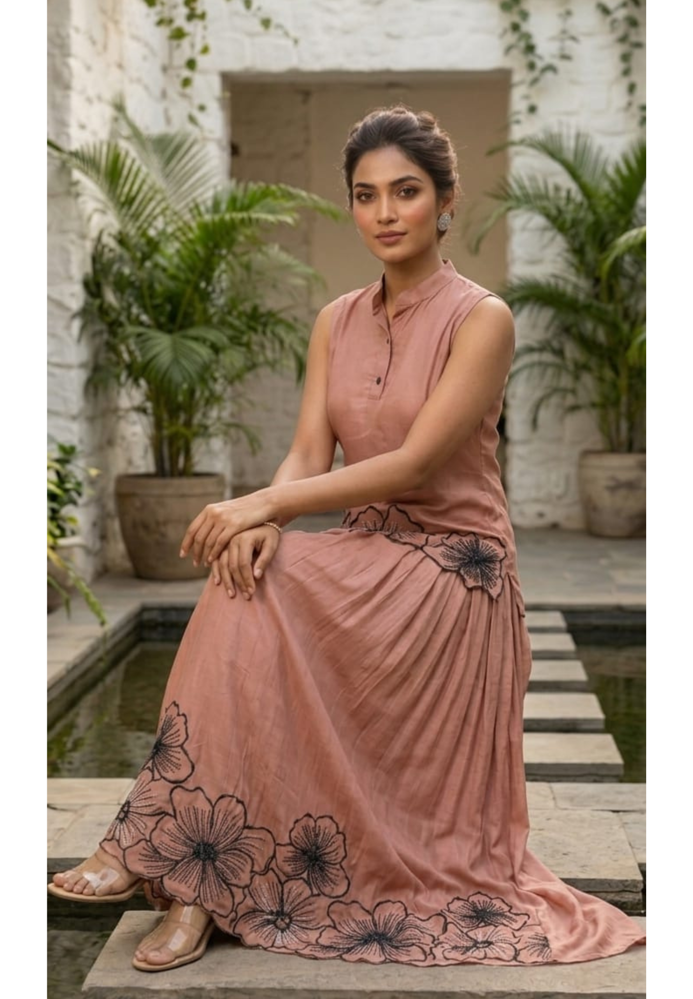 3D Floral Patch Cut Work Solid Sleeveless Kurta With Skirt Bottom Set In Organza Fabric- 14081 W51