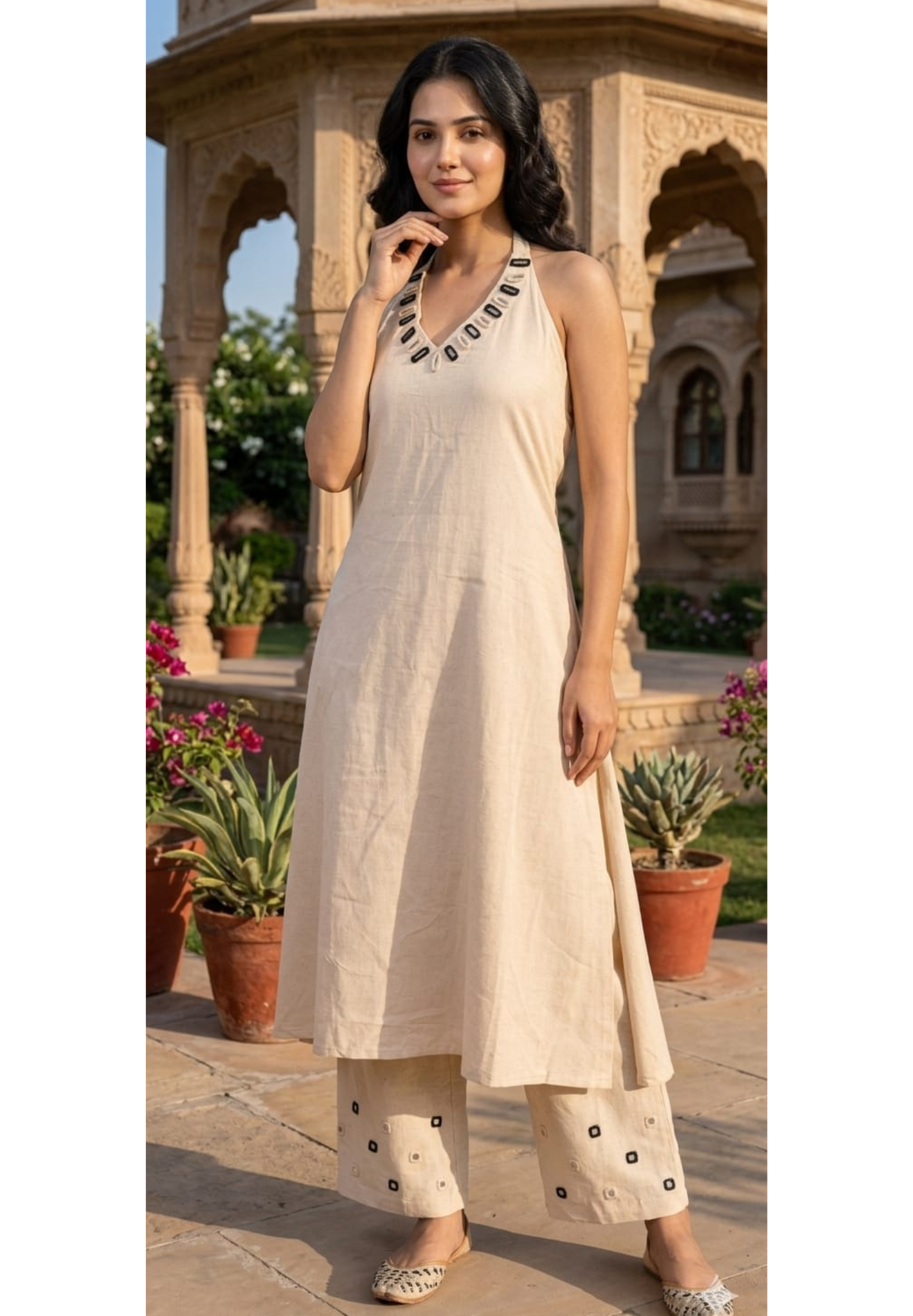 Real Mirror Halter Neckline Summer Friendly Solid Kurta Pant Set In Cotton Fabric- 14177 W76