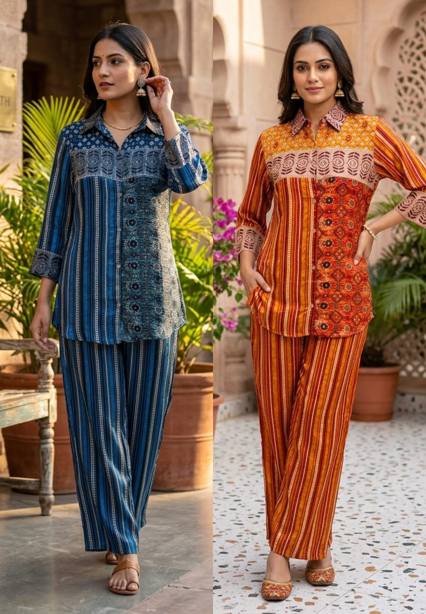 Beautiful Placement Multicolor Printed Lightweight Collared Co-Ord Set In Crepe Fabric(Lean fit) W75