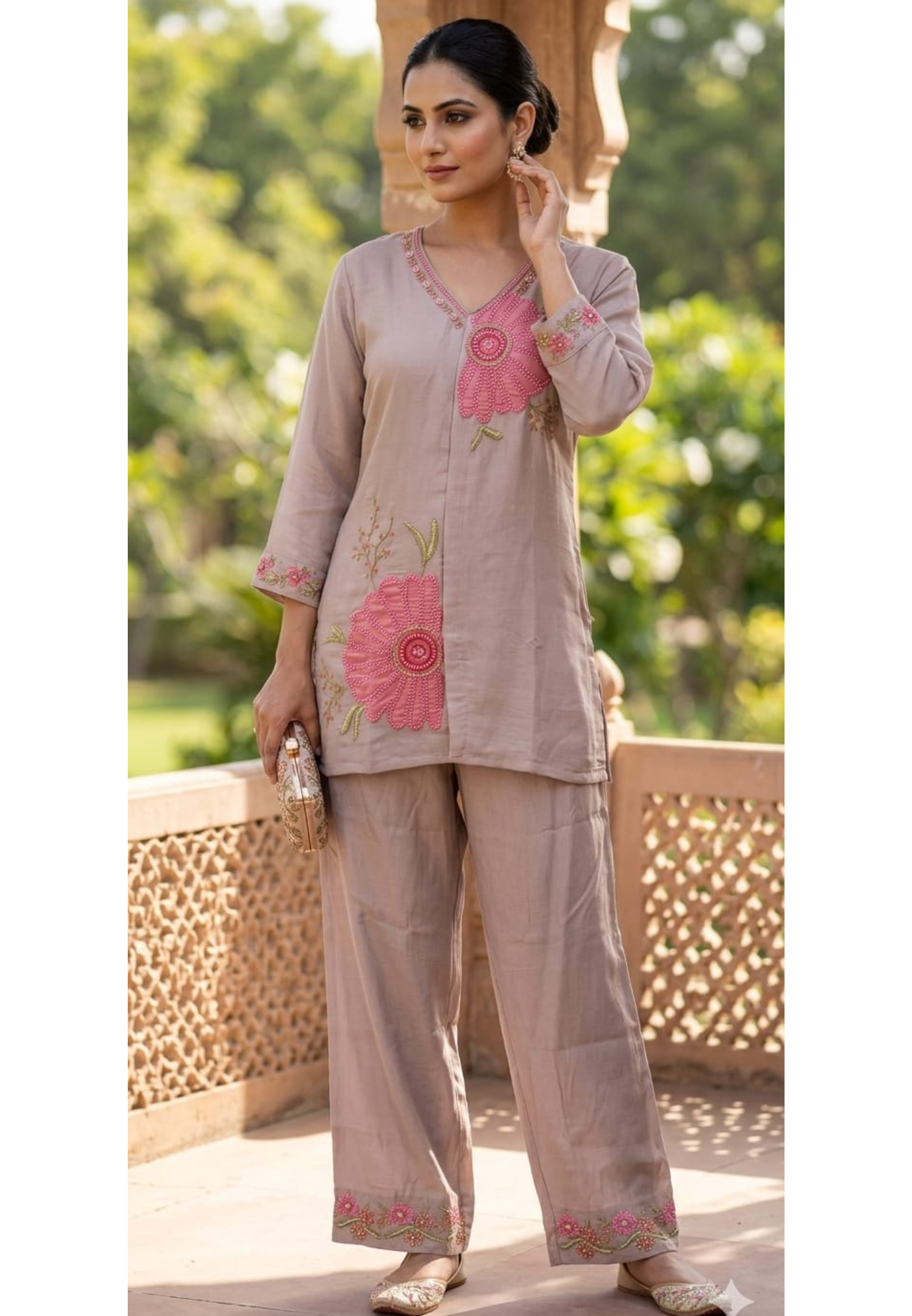 Half Floraled Cut-Dana Highlights Embroidered Surat Mul Chanderi Co-Ord Set- 14201 W79