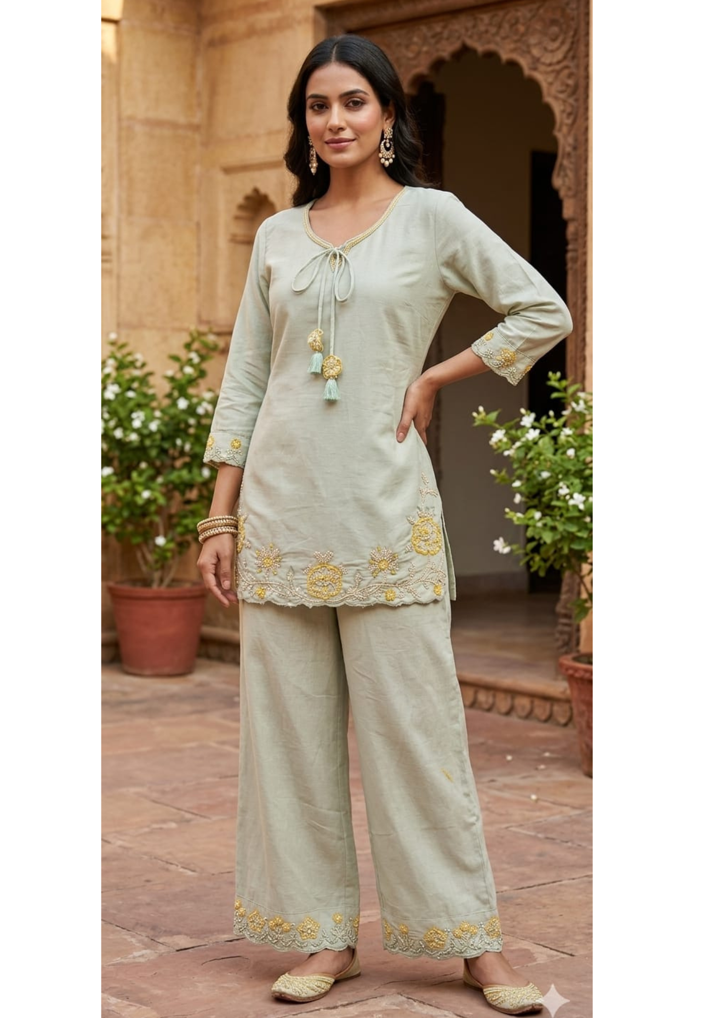 Cut Dana Floral Branch Highlights Minimal Neckline Solid Co-Ord Set- 14208 W80