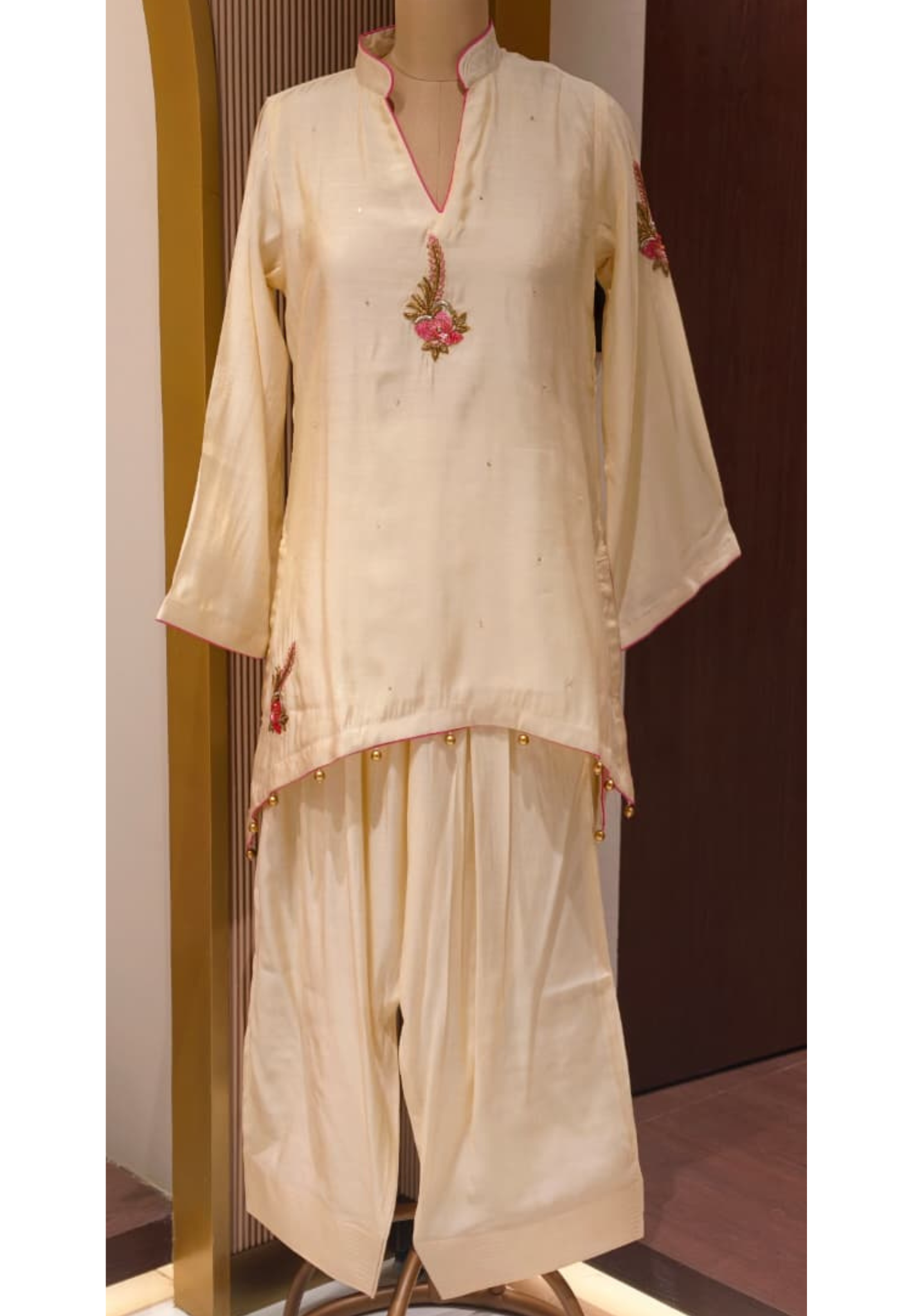 White Sheer Soft Toned Minimal Embroidery Russian Silk High Low Co-Ord Set W117