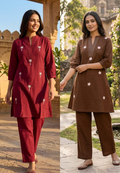 Minimal Sctattered Floral Embroidery Solid Cotton Co-Ord Set- 14135 W123
