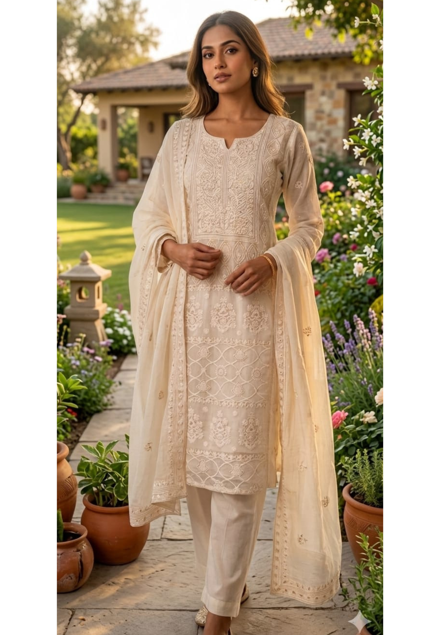Chikankari Pure Thread Embroidered Decent Tone Full Suit Set With Dupatta In Mul Chanderi Fabric-14250