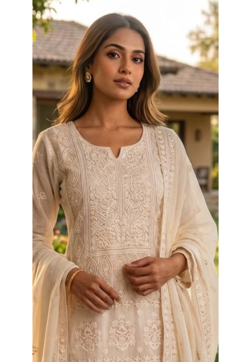 Chikankari Pure Thread Embroidered Decent Tone Full Suit Set With Dupatta In Mul Chanderi Fabric-14250