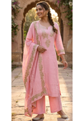 Blush Gold Scallop-Neck Powder Pink Full Suit Set With Dupatta In Mul Chanderi Fabric- 14251