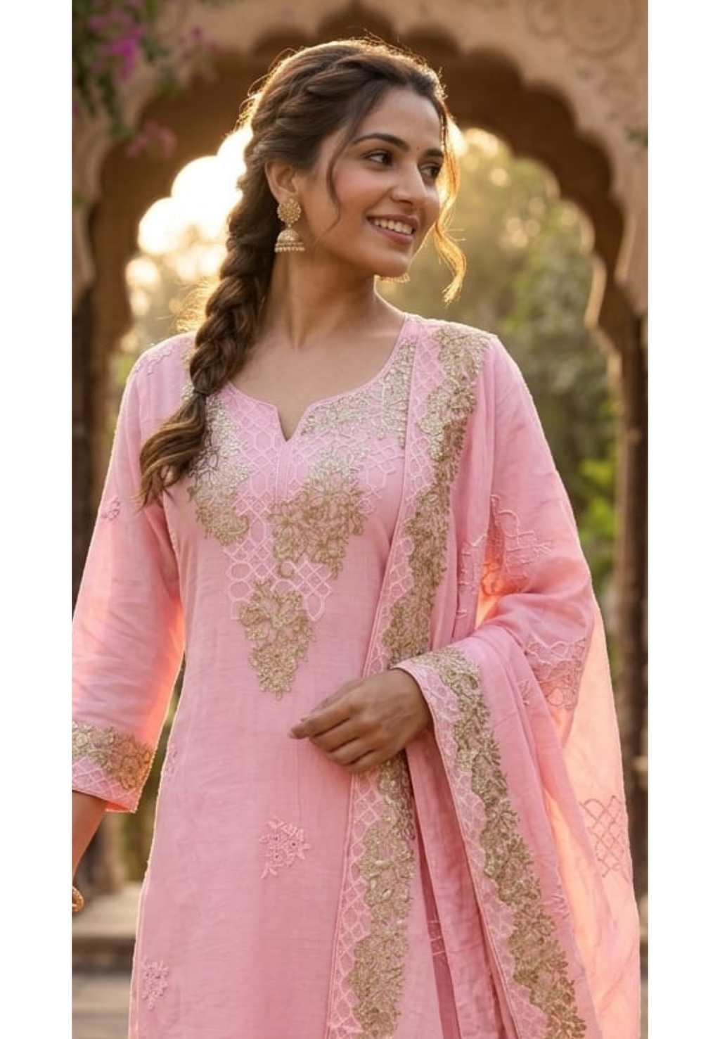 Blush Gold Scallop-Neck Powder Pink Full Suit Set With Dupatta In Mul Chanderi Fabric- 14251