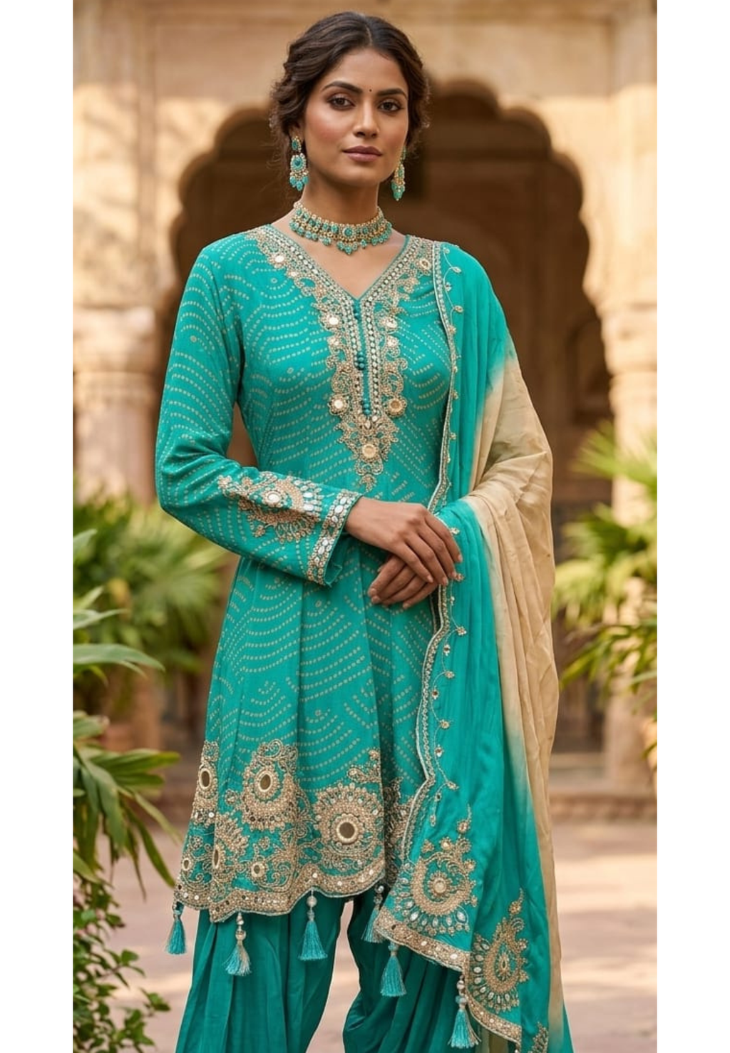 Exquisite Bandhani Crepe Farsi Salwar Kameez Set with Intricate Mirror Work, Zari Embroidery, and Matching Dupatta- 14395
